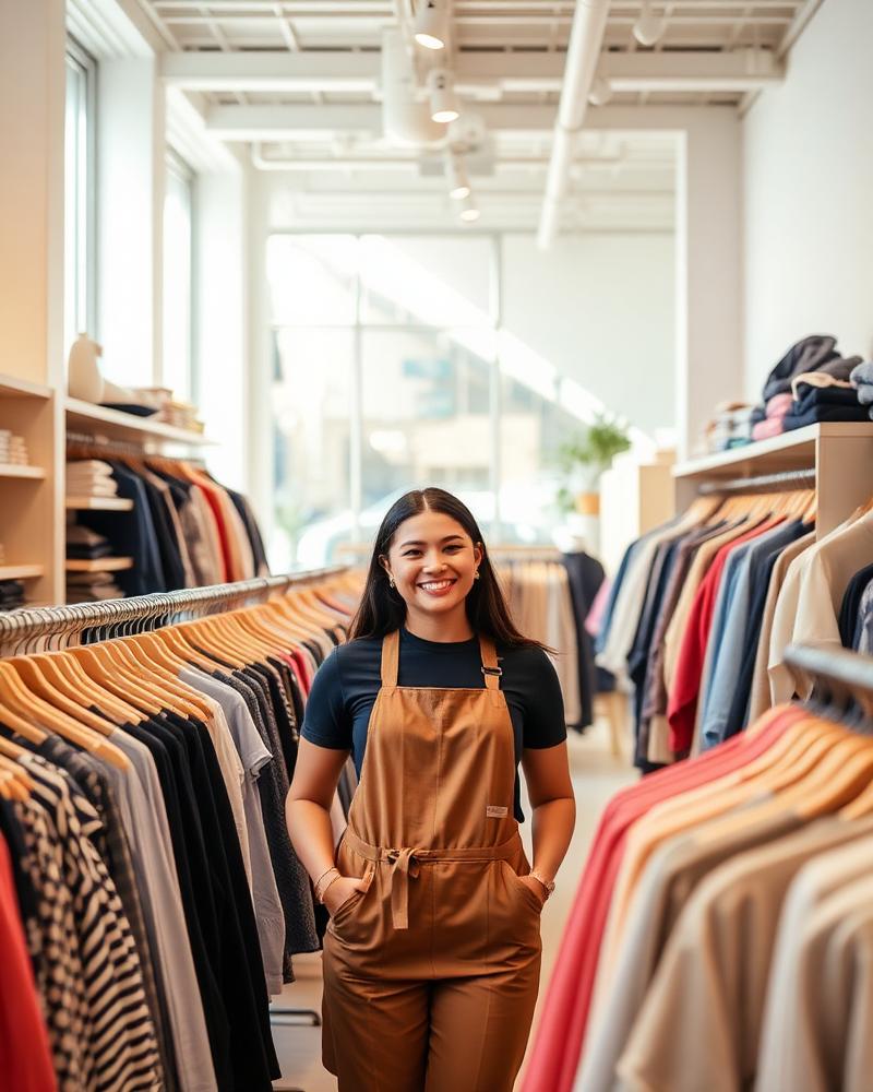 A friendly shop assistant in a bright modern clothing boutique